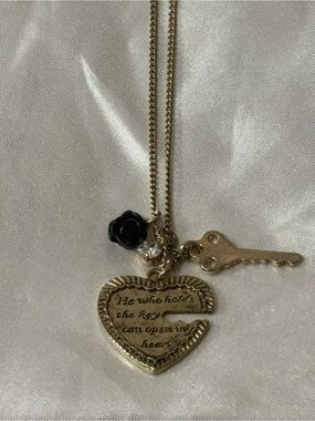 Gold Heart Key Pendant Necklace with Black Rose Charm